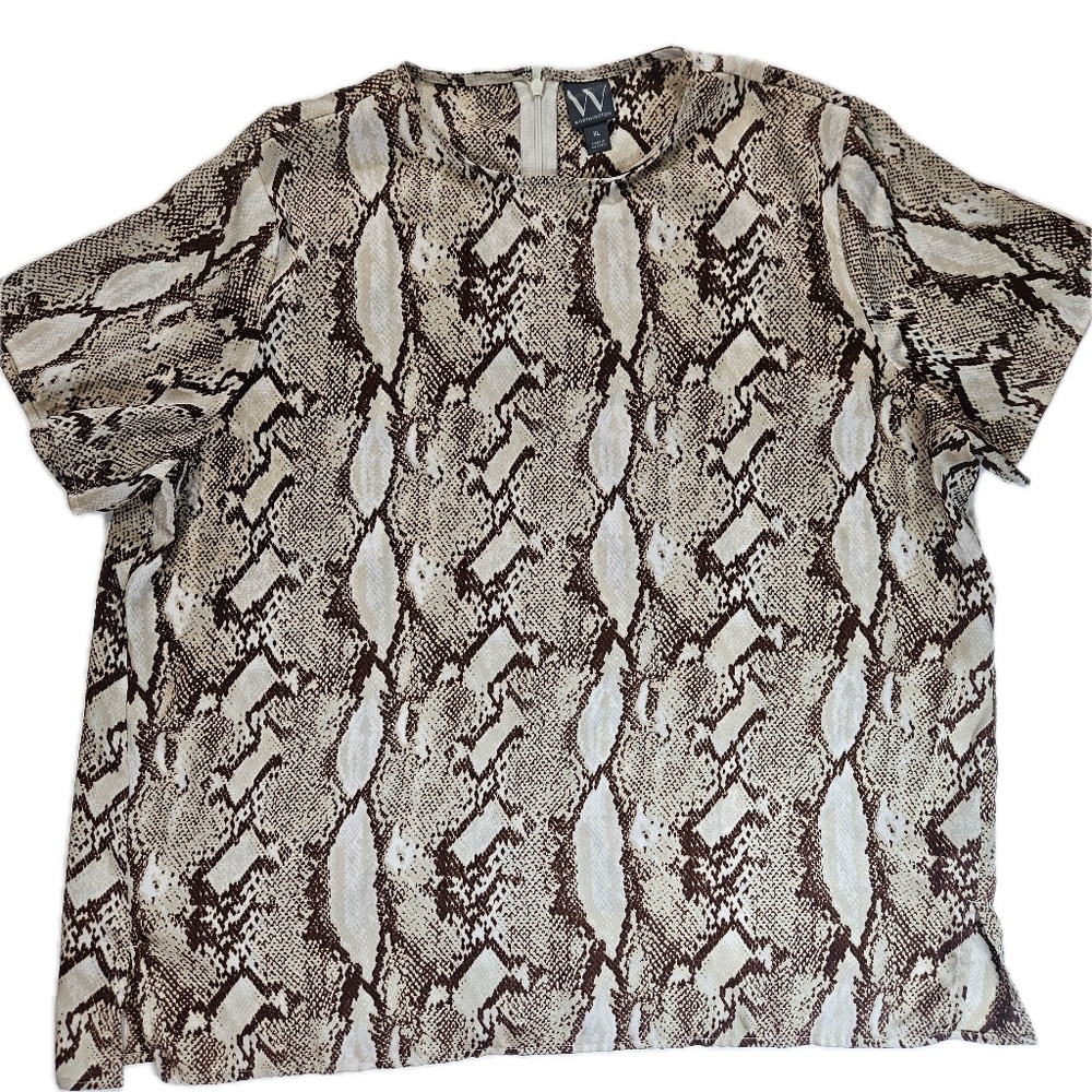 Worthington Blouse Womens XL Brown Animal Print Round‎ Neck Short Sleeve Zip